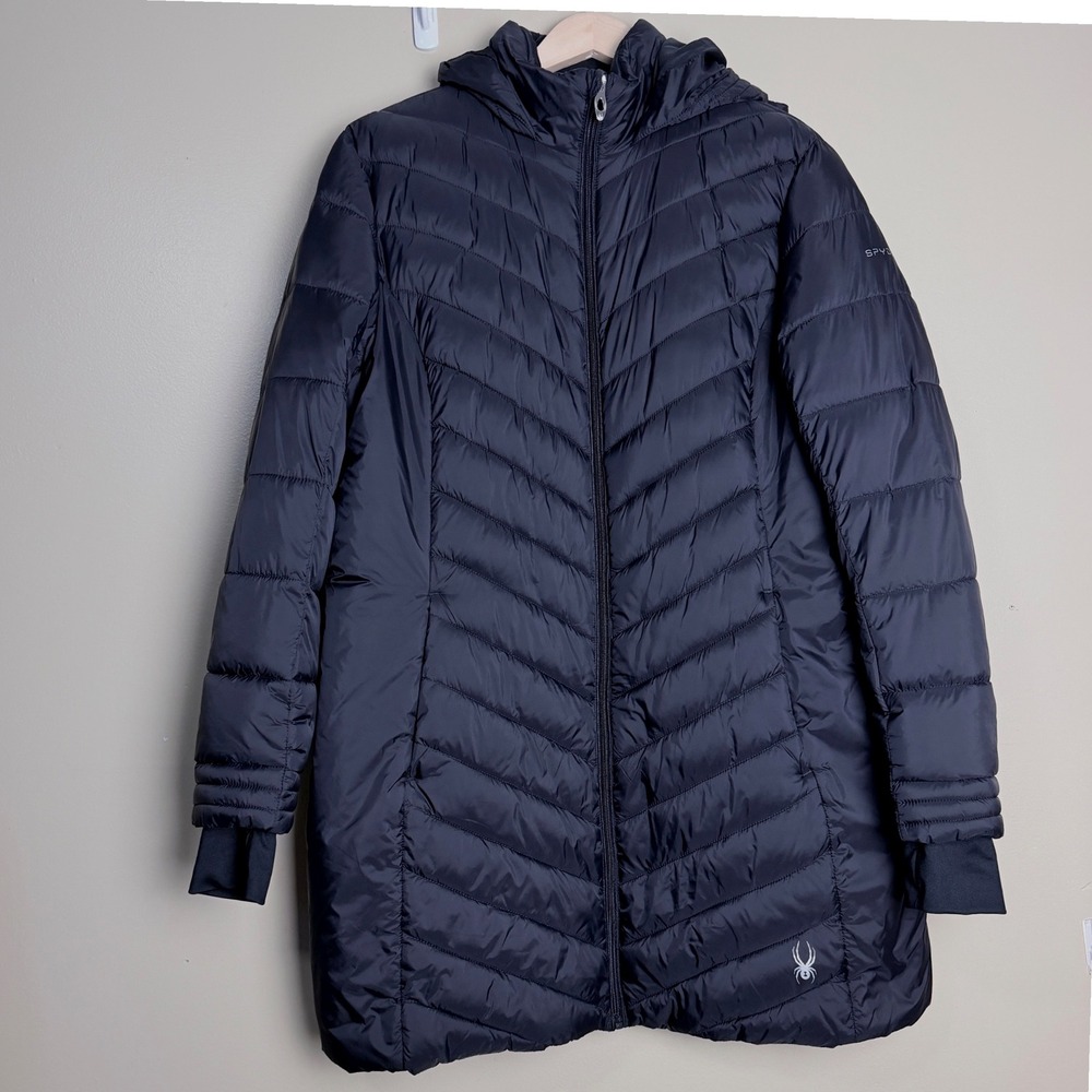 Spyder Puffer Jacket Women's Winter Long Hooded Full Zip Quilted Large Black
